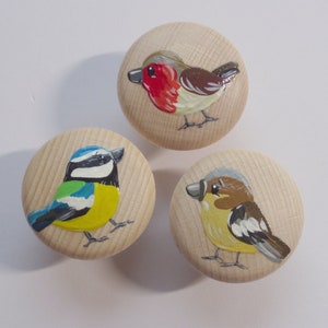 Könnte beinhalten: Drei Holzknöpfe mit bemalten Vogelmotiven. Der erste Knopf zeigt einen Blaumeise mit gelben und weißen Markierungen. Der zweite Knopf zeigt einen Rotkehlchen mit roten, braunen und weißen Markierungen. Der dritte Knopf zeigt einen braunen und weißen Vogel mit gelben Markierungen.