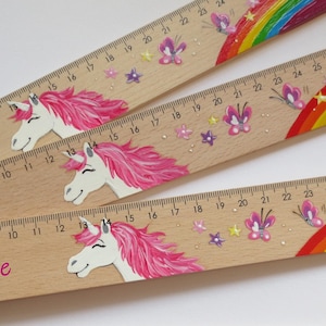 Lineal, Einschulungskarte, Holzlineal, Schulstart, Einschulung, Schultüte "Einhorn & Regenbogen" pink (20/30cm inkl. Personalisierung)