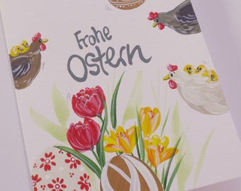 Osterkarte, Ostergruß, Grußkarte, Ostern "Huhn & Ei" (weiß/hoch)