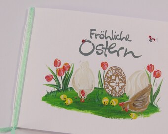 Osterkarte, Ostergruß, Grußkarte, Ostern "Tulpen, Huhn & Ei" (weiß/quer)
