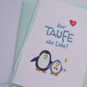 Taufkarte, Glückwunschkarte, Taufgeschenk "Pinguin" (weiß/Leinen)