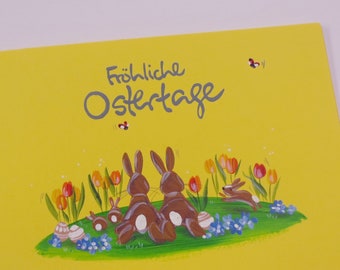 Osterkarte, Ostergruß, Grußkarte, Ostern "Hasenfamilie" (gelb/quer)