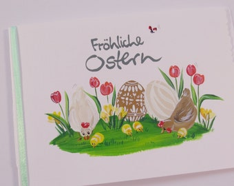 Osterkarte, Ostergruß, Grußkarte, Ostern "Tulpen, Huhn & Ei" (weiß/quer)