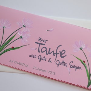 15% SALE Taufkarte Din lang, Glückwunschkarte, Taufgeschenk "Wehende Blumen" mit Anhänger (inkl. Personalisierung)