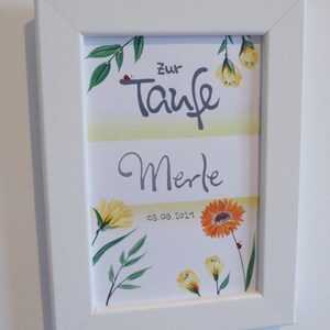 Taufbild 13x18cm, Taufgeschenk, Taufkarte, Taufbild "Floral" gelb, rosa (inkl. Rahmen & Personalisierung)
