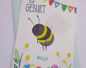 Babykarte B6, Glückwunsch, Geburtskarte "Biene" weiß (inkl. Personalisierung)