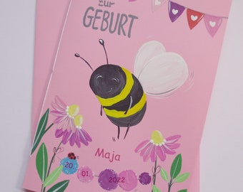 Babykarte B6, Glückwunsch, Geburtskarte "Biene" rosa (inkl. Personalisierung)