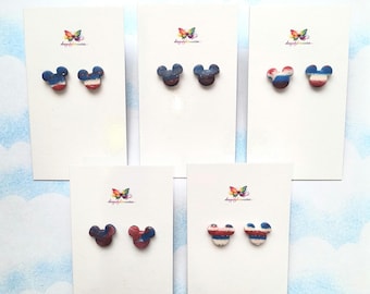 Main Street USA Studs - Marbled Red White and Blue Mouse Earrings - Patriotic Clay Jewelry - Handmade Magical Vacation Accessories
