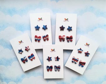 Stars, Stripes, and Sparkle Stud Set - Red White and Blue Marble Bow Earrings - Patriotic Earring Pack for Independence Day