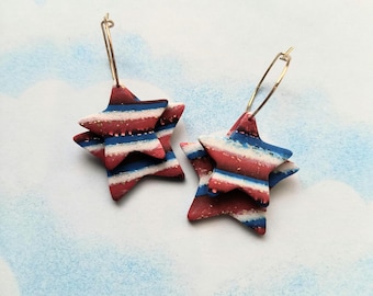 Patriotic 3D Stacked Star Earrings - Red White and Blue Marbled Clay Dangles - 4th of July Statement Hoops - Americana Star Drop Earrings