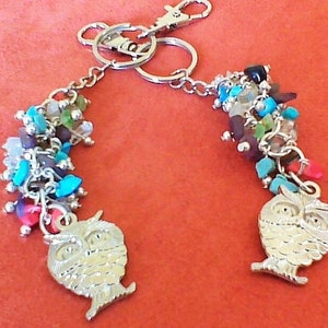 May include: A silver key chain with two owl charms and colorful beads. The key chain has two silver rings and a silver clasp.