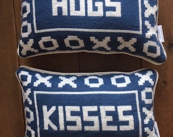 Custom Handmade Needlepoint Decorative Pillow Set "Hugs and Kisses"