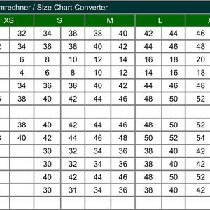 May include: A size chart converter table with international sizing for women and men. The table includes sizes for XS, S, M, L, XL, and XXL. The table shows the corresponding sizes in D, EU, UK, US, FR, and IT.
