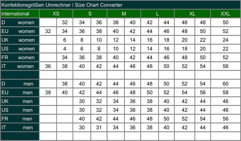 May include: A size chart converter table with international sizing for women and men. The table includes sizes for XS, S, M, L, XL, and XXL. The table shows the corresponding sizes in D, EU, UK, US, FR, and IT.