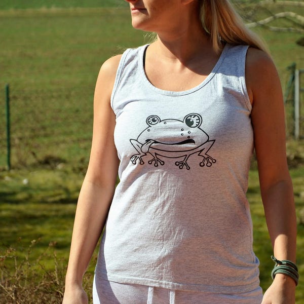 Top Tanktop T Shirt Ärmellos grau Frosch Unterhemd