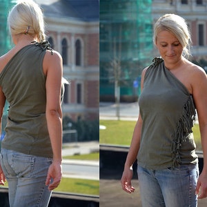 upcycling remade T shirt army shirt green off shoulder asymmetric