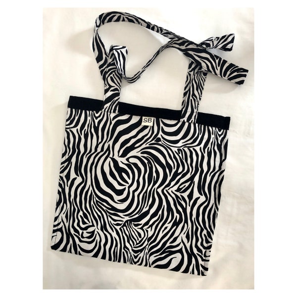 Black Luxury Velvet with Black & White Zebra Printed Cotton Reversible Tote Bag, Large, Shopping  Handbag, Animal Print, Velour, Monochrome
