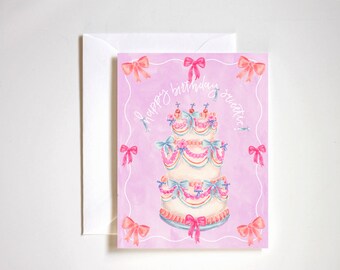 happy birthday sweetie, bow birthday cake, ribbon cake, cake illustration, pink bow, birthday card, hand painted cake, decorative cake