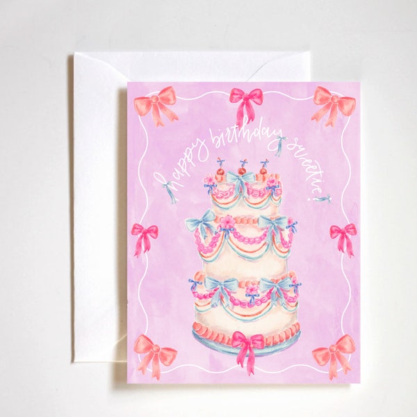 happy birthday sweetie, bow birthday cake, ribbon cake, cake illustration, pink bow, birthday card, hand painted cake, decorative cake