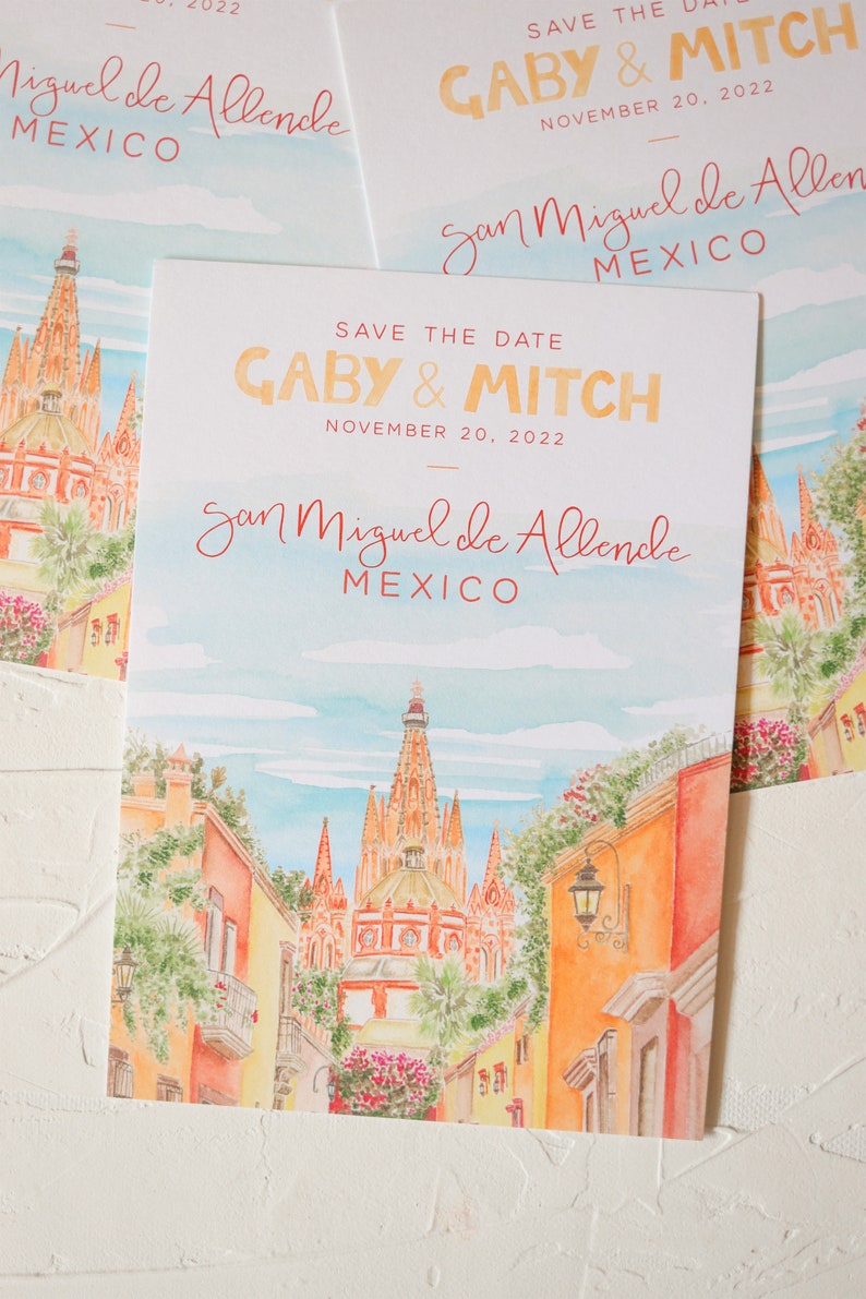 San Miguel de Allende Mexico wedding save the dates, San Miguel watercolor painting, custom hand painted wedding stationery, Mexican church image 3