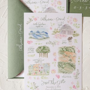 K&ouml;nnte beinhalten: Eine Aquarell-Save-the-Date-Karte mit floralem Design. Die Karte zeigt eine Zeitleiste der Beziehung des Paares, einschlie&szlig;lich Orte wie North Carolina, Virginia, San Francisco und Washington D.C. Der Text lautet "Save the Date" und "November 5, 2022, Carmel California, www.catherineanddavid.com".