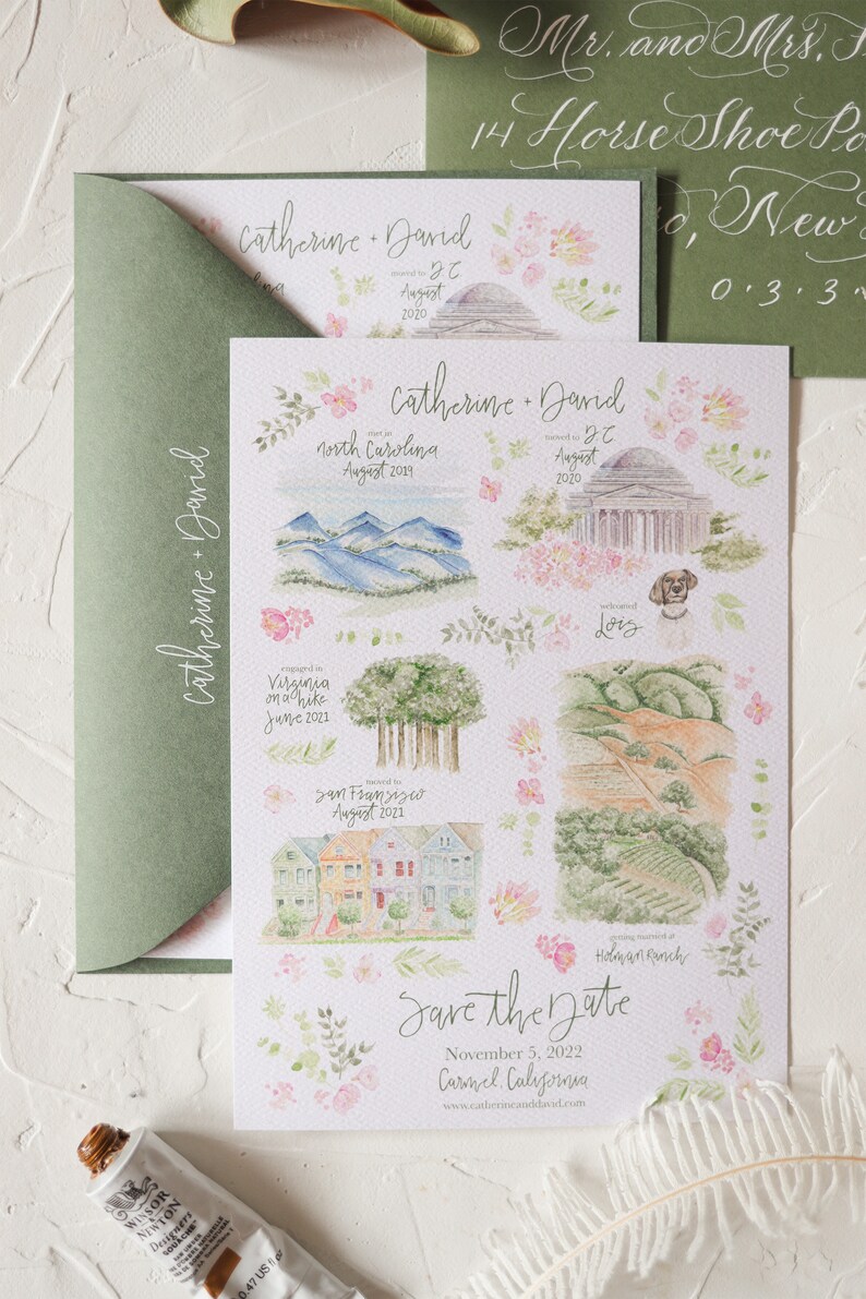 K&ouml;nnte beinhalten: Eine Aquarell-Save-the-Date-Karte mit floralem Design. Die Karte zeigt eine Zeitleiste der Beziehung des Paares, einschlie&szlig;lich Orte wie North Carolina, Virginia, San Francisco und Washington D.C. Der Text lautet "Save the Date" und "November 5, 2022, Carmel California, www.catherineanddavid.com".