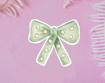 Sticker noeud vert, esthétique noeud, noyau de noeud, autocollants en vinyle, autocollant pour ordinateur portable, décalcomanie de noeud, décoration de noeud, accessoires de noeud, noeud coquette, perle
