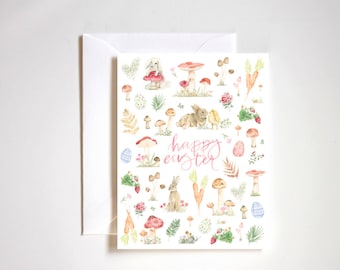 happy easter cottage core bunnies, mushrooms, foliage and Easter eggs card
