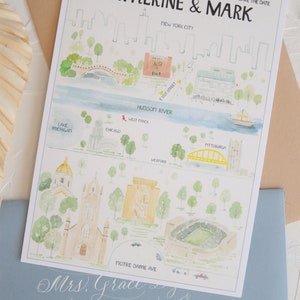 K&ouml;nnte beinhalten: Save-the-Date-Karte mit einer Aquarell-Illustration von New Yorker Sehensw&uuml;rdigkeiten, darunter das Empire State Building, das Chrysler Building und die Brooklyn Bridge. Der Text "Catherine & Mark" ist in schwarzer Schrift oben auf der Karte geschrieben. Das Datum "Sep 4, 2021" ist in schwarzer Schrift oben auf der Karte geschrieben. Der Text "Save the Date" ist in schwarzer Schrift oben auf der Karte geschrieben. Der Text "New York City" ist in schwarzer Schrift oben auf der Karte geschrieben.