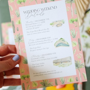 May include: A pink and green illustrated wedding weekend details card with cactus and palm tree designs. The card lists the dates and times for the welcome fiesta, pool day, and ceremony. The text reads "Wedding Weekend Details", "Thirty | December 7th", "Welcome Fiesta | 5-8 PM", "Let's kick off the weekend with tacos & tequila!", "The Cape Hotel Beach Fire Pit", "itodos los colores! fiesta cocktail attire", "Friday | December 8th", "Cowboys & Se&ntilde;oritas Pool Day | 12 PM", "Join us for some poolside fun in the sun!", "The Cape Pool", "For guests staying at The Cape", "Saturday | December 9th", "Ceremony | 4 PM", "Guests arrive no later than 3:45 PM", "The Cape Lobby", "Cabo formal attire", "For more information, please visit our wedding website: www.anakarenandjoseph.com".