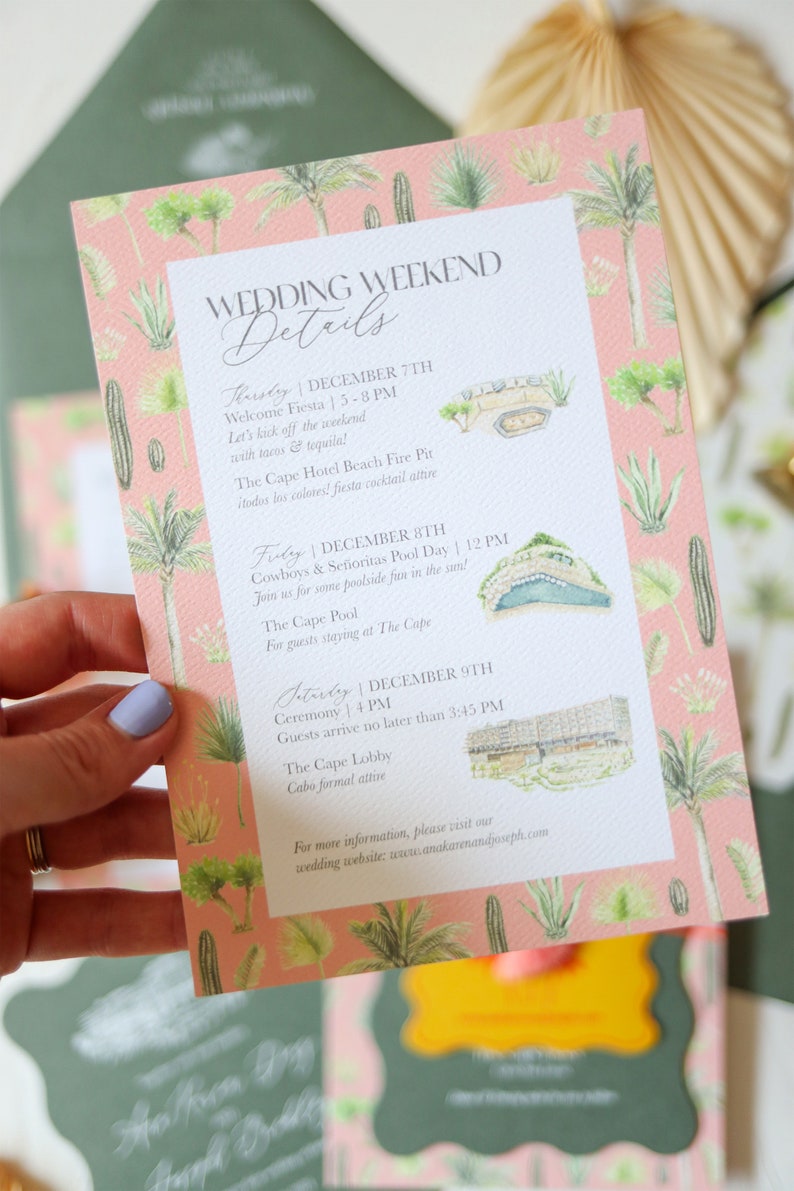 May include: A pink and green illustrated wedding weekend details card with cactus and palm tree designs. The card lists the dates and times for the welcome fiesta, pool day, and ceremony. The text reads "Wedding Weekend Details", "Thirty | December 7th", "Welcome Fiesta | 5-8 PM", "Let's kick off the weekend with tacos & tequila!", "The Cape Hotel Beach Fire Pit", "itodos los colores! fiesta cocktail attire", "Friday | December 8th", "Cowboys & Se&ntilde;oritas Pool Day | 12 PM", "Join us for some poolside fun in the sun!", "The Cape Pool", "For guests staying at The Cape", "Saturday | December 9th", "Ceremony | 4 PM", "Guests arrive no later than 3:45 PM", "The Cape Lobby", "Cabo formal attire", "For more information, please visit our wedding website: www.anakarenandjoseph.com".