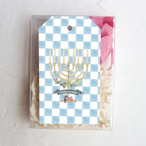 Blau und weiß Schachbrett Druck Chanukka Geschenkanhänger, Menora Geschenkanhänger, moderne Chanukka Geschenkverpackung
