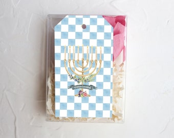 blue and white checker print Hanukkah gift tags, menorah gift tags, modern Hanukkah gift wrap
