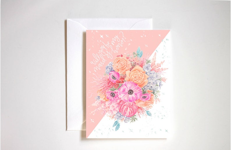 will you be my maid of honor floral card. maid of honor proposal. maid of honor proposal card. bridal party card. image 1