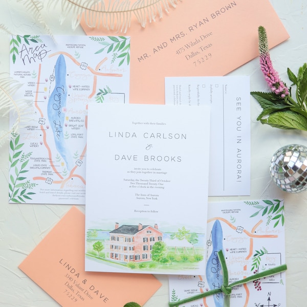 romantic wedding invitation, venue illustration wedding invitation, venue painting, New York wedding invitations, watercolor wedding map