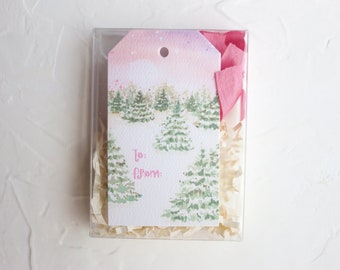 holiday gift tags with silk ribbon, watercolor Christmas tags, watercolor tree farm , Christmas gift wrap, colorful Christmas gift tags
