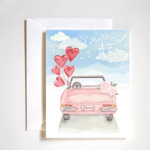 handgemalte Hochzeitskarte, Hochzeitskarte, Hochzeitsauto Illustration, Herzballons, lustige Hochzeitskarte, Hochzeitskarte