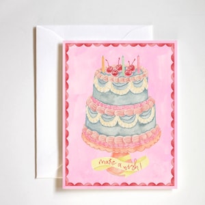 faça um cartão de aniversário de desejo, pintura de bolo retrô, cartão de aniversário vintage, bolo de aniversário rosa, cerejas vermelhas