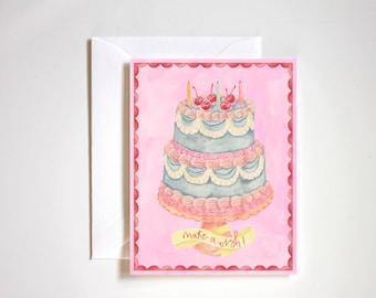 make a wish birthday card, retro cake painting, vintage birthday card, pink birthday cake, red cherries