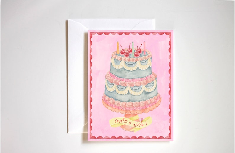 make a wish birthday card, retro cake painting, vintage birthday card, pink birthday cake, red cherries image 1