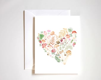 cœur de champignon, cartes de tous les jours, cartes vierges avec enveloppes, cartes cottagecore, champignon cottagecore, cœur peint à la main, cœur floral