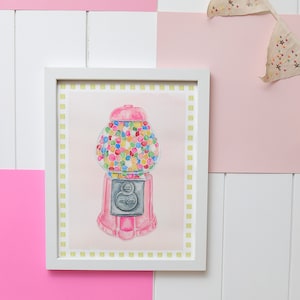 pink gum ball machine art, gum ball machine painting, pink bedroom art, retro wall art, vintage wall art, watercolor wall art