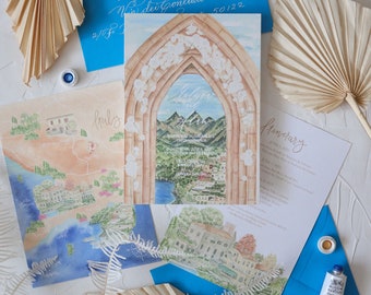 Amalfi coast wedding invitations, Italy wedding invitation suite, destination wedding, watercolor invitations, custom wedding stationery