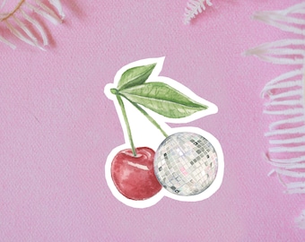 disco cherry vinyl sticker, cherries, watercolor cherries, cherry decor, retro sticker, 90's sticker, red cherries, laptop sticker, decal