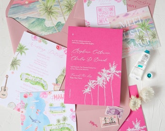 Island wedding invitations, Hawaii wedding invitation suite, tropical destination wedding, custom watercolor invitations, sunset painting