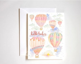 hot air balloon baby shower, hello baby card, watercolor hot air balloon, hot air balloon baby room, hot air balloon card, new baby card