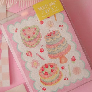 mini Grußkarten mit Briefumschlägen, retro Geburtstagskarte, rosa Geburtstagstorte, Set Karten, Tortenmalerei, Blankokarten