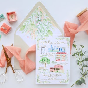K&ouml;nnte beinhalten: Eine Save-the-Date-Karte mit einer Aquarell-Illustration einer Skyline, eines Baumes und eines Geb&auml;udes. Der Text auf der Karte lautet "Natalie & Sam" und "Save Our Date July 2, 2020 Beacon, NY".