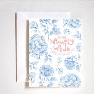 to the newly weds congratulations card / newlyweds card / floral illustration / retro floral wedding card / watercolor blue flowers image 1