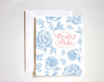 to the newly weds congratulations card / newlyweds card / floral illustration / retro floral wedding card / watercolor blue flowers